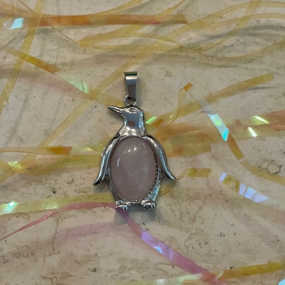 Penguin Charm Pink Quartz Pendant For Necklace Silver Tone - Picture 3 of 8